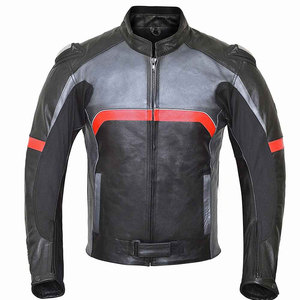 <b>Men's</b> Black Red Color Blocked Faux Leather Vintage Motorcycle <b>Jacket</b> Full Sleeve Zipper Closure Fitted Breathable Stand Collar - Product Image 1
