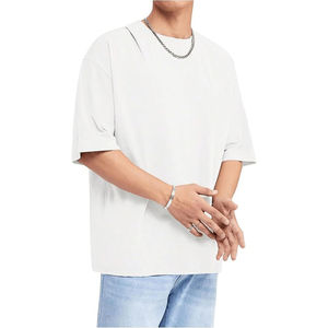 เสื้อยืดโอเวอร์ไซส์สีขาวสำหรับผู้ชาย แขนสั้น คอกลม ผ้าคอตตอนเจอร์ซีย์ สวมใส่สบาย สีพื้น สไตล์สตรีทแวร์ จากผู้ผลิต - Product Image 3
