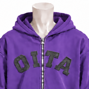 <b>Purple</b> <b>Mens</b> Zip Front <b>Hoodie</b> Chenille Letter Applique Heavyweight Fleece Loose Fit Casual Streetwear Sweatshirt with Kangaroo - Product Image 3