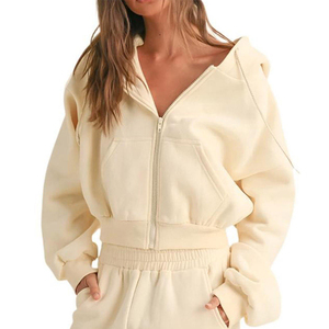 Hoodie court crème pour femme, personnalisé, à épaules tombantes, manches longues, zippé, coupe oversize, pour l'hiver, vente en gros - Product Image 1