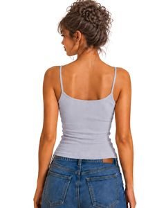 Top corto de tirantes finos azul claro para mujer, con encaje y ribetes, sin mangas, de algodón, ajustado, informal, para verano, estilo camiseta sin mangas, a la moda. - Product Image 2
