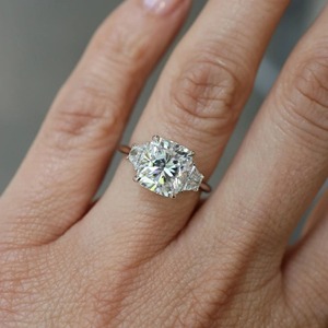 3.60 CT Cushion Cut Lab Grown Diamond Three Stone <b>Ring</b> with Trapezoid Side Stones in 14K Solid White Gold Elegant <b>Statement</b> <b>Ring</b> - Product Image 4