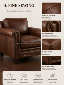 Sillón de Cuero Genuino, Resistente, con Brazos Enrollados y Adornos de Tachuelas, Sofá Individual para Sala de Estar, Muebles para el Hogar - Product Image 5