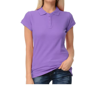 Polo en coton bleu pour femme, manches courtes, couleur unie, décontracté, tricoté, respirant, coupe classique, vente en gros OEM - Product Image 2