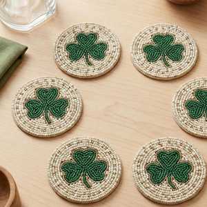 Set 6/8/10/12 Knitted Floral Embroidered Eco-Friendly Customizable Green White Drink Coasters-Artisan Irish St. Patricks Day - Product Image 4