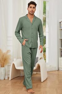<b>Men's</b> 100% Cotton Silk Button-Loungewear waffle Knit Flannel <b>Pajama</b> <b>Set</b> Long Sleeve Top & Pants Breathable Sleepwear - Product Image 6