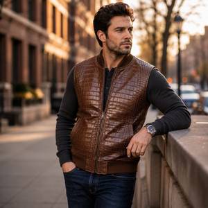 Chaleco de Cuero con Grabado de Cocodrilo para Hombre, Chaleco de Cuero Genuino, Chaleco de Motociclista, Lederweste für Herren - Product Image 5
