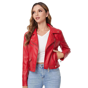 Chaqueta de Motociclista de Cuero Sintético Rojo para Mujer, Manga Larga, Cierre de Cremallera, Cuello Camisero, Estilo Otoñal - Product Image 5