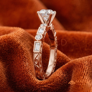 Rose Gold Plated Pear Cut Engagement <b>Ring</b> Women Baguette Side Stone Vintage Milgrain American Diamond <b>CZ</b> Wedding <b>Ring</b> - Product Image 2