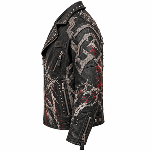Custom Men Real Leather Biker Jacket Heavy Metal Punk Spiked <b>Studded</b> Gothic Skeleton Graphic Grim Reaper Painted Outerwear Coat - Product Image 4