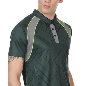 เสื้อโปโลผู้ชายลายเรขาคณิตแบบสปอร์ต แห้งเร็ว แขนสั้น ผ้าถักโพลีเอสเตอร์ สีเขียว เทา แต่งขอบสีนีออน - Product Image 1