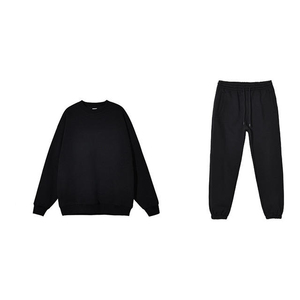 Unisex Black Cotton Tracksuit Set Stand Collar Sweatshirt Full Length <b>Pants</b> Solid Color Breathable Windproof Lightweight Sporty - Product Image 2