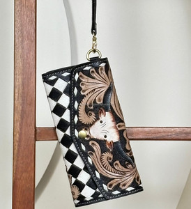 Nouveau portefeuille-bracelet en cuir façonné pour femmes, motif tête de bœuf Western Longhorn, motif à carreaux, élégant et durable, pochette - Product Image 4
