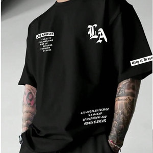 T-shirt en coton imprimé pour homme grande taille, col rond, manches courtes, style jersey décontracté, design avec logo sur le devant - Product Image 2