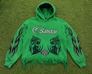 Sweat-shirt à capuche personnalisé vert vieilli avec strass pour homme, style streetwear, logo personnalisé, impression graphique et manches ornées - Product Image 6