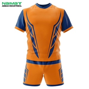 Naimat Abbas Industries Conjunto de pantalones cortos de fútbol sublimados en azul y naranja para hombre, cuello redondo, manga corta - Product Image 1