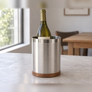 Refroidisseur de bouteille de vin en acier inoxydable avec base en bois, manchon à vin en acier inoxydable brossé SS304, accessoire de bar moderne - Product Image 1
