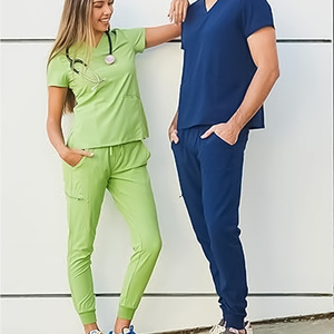 Unisex <b>Scrub</b> Set Blue V-Neck Top Jogger Pants Hospital Uniform Medical Workwear Cotton Polyester Knitted Fabric Needle Detection - Product Image 5