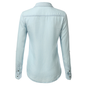 Camisa de mezclilla lavada para mujer, corte holgado, manga larga, con botones, blusa vaquera, top informal de moda para uso diario y ropa de temporada - Product Image 2
