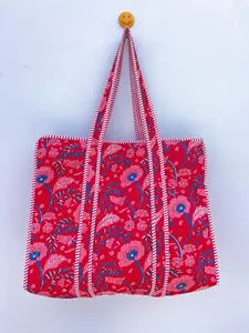Women <b>Red</b> Quilted Cotton Tote Bag with Floral Print Bohemian Style Summer Casual Zipper Travel <b>Handbag</b> for Women - Product Image 6