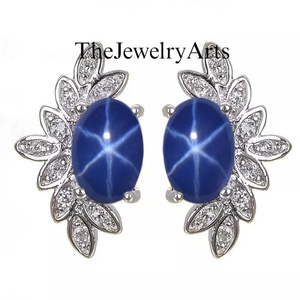 Boucles d'oreilles clous en saphir bleu étoilé pour femme, en argent sterling 925, clarté VVS, bijoux de mariée - Cadeau d'anniversaire - Product Image 6