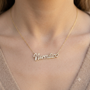 Trendy 10K Real <b>Gold</b> Customized Cursive Script Bling Pave Nameplate Heart Necklace Lab grown Diamond Custom Fine <b>Pendants</b> Charms - Product Image 1