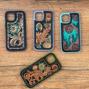 เคสโทรศัพท์หนังลายดอกไม้สำหรับ iPhone 13 14และ15เคสโทรศัพท์ออกแบบได้ตามต้องการใหม่เทอร์ควอยซ์ด้วยมือสไตล์ตะวันตก - Product Image 2