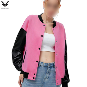 Blouson universitaire rose et noir pour femme 2026, manches contrastantes en cuir PU, fermeture boutonnée, coupe décontractée, idéal pour l'automne - Product Image 3