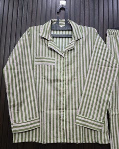 Green Striped Women's <b>Pajama</b> Set 100% Cotton Full Sleeve Casual Loose Fit Summer Woven Fabric Button Fly - Product Image 4