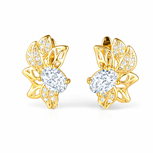 Pendientes de Diamantes de Oro Sólido de 14K, Diseño Floral y de Hojas Ovaladas con Diamantes Cultivados en Laboratorio, Estilo Vintage y Moderno, Regalo de Boda para Ella - Product Image 1