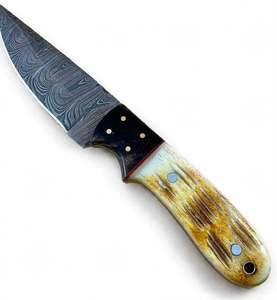 Couteau de camping premium en acier damas à motif échelle, outil utilitaire avec manche en corne et os - Product Image 2