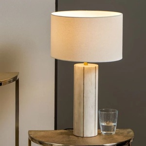 Luxury White Marble Table Lamp With Hand <b>Chiseled</b> <b>Stone</b> Top Artistic Craftsmanship Premium Fabric Shade Soft Ambient Lighting - Product Image 3