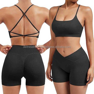 Logo personnalisé pour femmes deux pièces Fitness entraînement Yoga ensemble taille haute short maigre avec fermeture élastique soutien-gorge assorti - Product Image 1