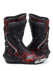 Botas de moto a media pantorrilla con parte superior de PU, suela de cuero genuino, forro impermeable, cierre de cremallera, estampado rojo y negro, estilo de carreras, transpirables, para todo tipo de clima. - Product Image 4