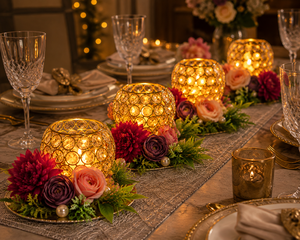 Porte-bougie en cristal doré avec fleurs artificielles |   Porte-bougie décoratif pour la décoration de la maison et les décorations festives - Product Image 4