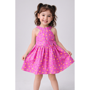 Vestido casual de algodón tejido con cuello halter y corte evasé para niñas con lazo rosa - Product Image 1