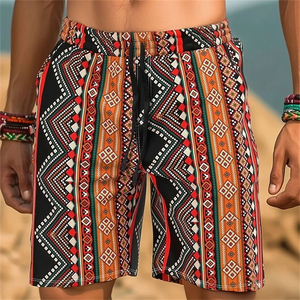 <b>Men's</b> Black <b>Orange</b> Green Paisley Print 100% Cotton Elastic Waist Drawstring Closure Quick Dry Breathable Sport <b>Shorts</b> Front - Product Image 2