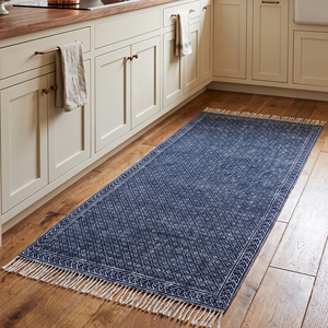 Tapis d'intérieur et d'extérieur en coton bleu lavable, imprimé au bloc, à tissage plat, pour salon, chambre, jardin - Vente en gros - Product Image 2