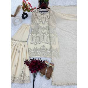 ZSR Designer <b>Beige</b> Party Wear Top with Fancy Dupatta and Gharara XL Size Elegant Stylish - Product Image 1