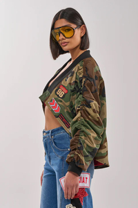 Camouflage Bomber <b>Jacket</b> With Turn-down Collar Batwing Sleeve Short Length Polyester Material Casual Style Unisex Autumn Wear - Product Image 3