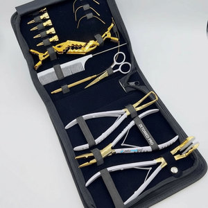 Kit d'outils professionnels pour extensions de cheveux : pinces crocodiles dorées, peigne blanc, aiguilles en C, logo personnalisé en acier inoxydable - Product Image 1