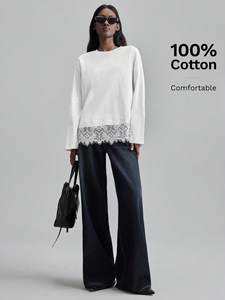 Custom Trendy White Lace Hem Long Sleeve Cotton Tee Women's Shirts Crewneck Loose Fit Casual Fashion T-Shirt Plus Size Blouses - Product Image 5