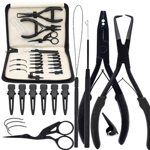 Kit d'outils pour extensions capillaires en acier inoxydable noir, durable et réutilisable : pinces, crochets, micro-anneaux, perles, outil de retrait et de pose à 2 trous - Product Image 1