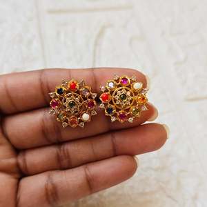 14K Gold Plated Brass Stud Earrings with Pearl and Geometric Number Design - Product Image 2