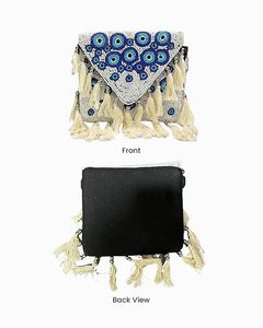 Bolso de Hombro Cuadrado Hecho a Mano con Cuentas, Patrón Circular Azul, Borlas Bordadas, Bolso de Mujer para Regalos de Boda - Hecho a Mano en India - Product Image 2