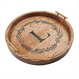 Nouveauté : Plateau rond en bois personnalisé fait main : Plateau de table basse ottoman gravé sur mesure - Product Image 1