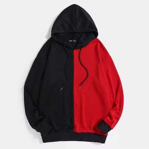 Sweat à capuche oversize déchiré en molleton épais bicolore pour homme, noir et rouge, style streetwear décontracté avec poche kangourou - Product Image 1