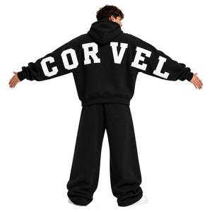 Conjuntos de sudaderas con capucha para hombre, verde oliva, con estampado de letras vintage en la espalda, de forro polar de alto gramaje, estilo oversize y joggers holgados, MOQ bajo, logotipo personalizado - Product Image 3
