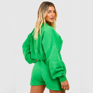 Ensemble deux pièces personnalisé de haute qualité pour femmes, sweat-shirt court à épaules tombantes et manches longues 100% coton, short, vêtements d'été - Product Image 3