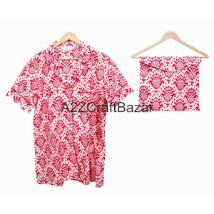 Ensemble de pyjama décontracté en coton pur 100% imprimé à la main, style kangourou, manches courtes, col en V, coupe trapèze, avec poches, doux et respirant - Product Image 2